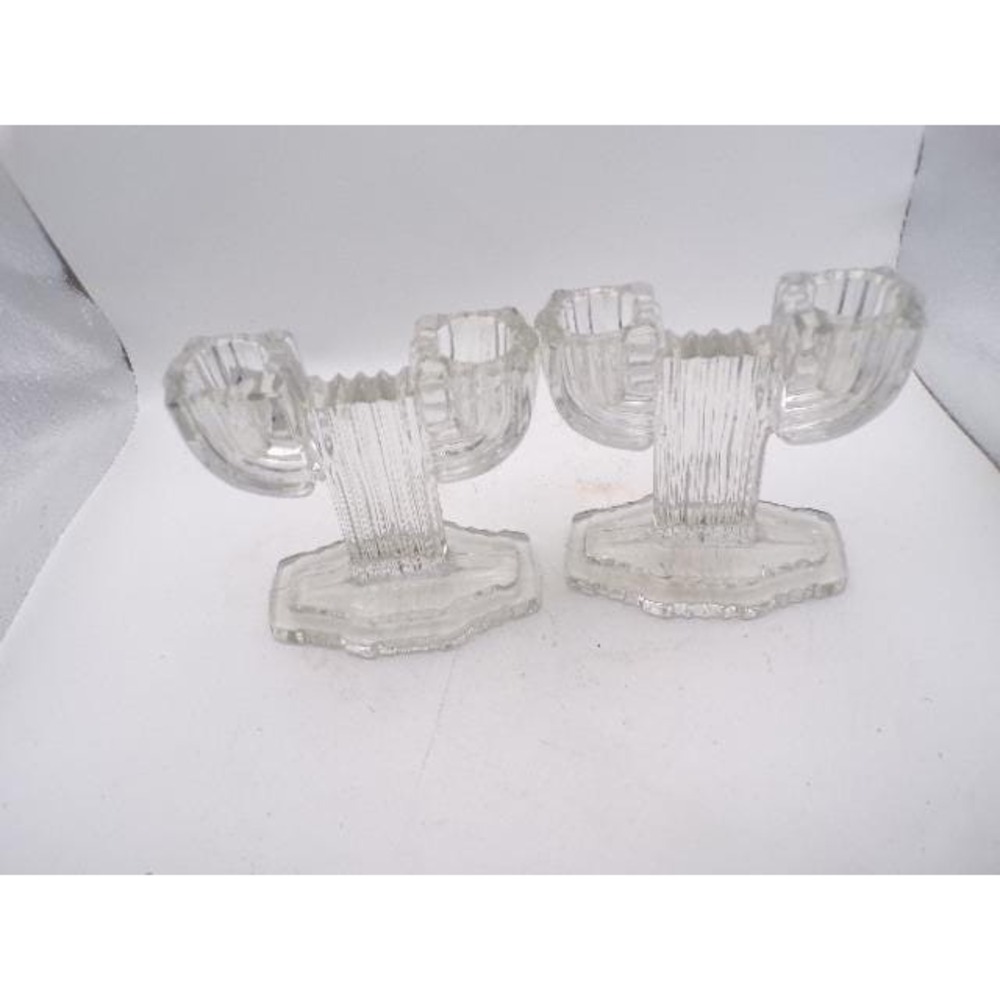 Set of 2 Clear‎ Glass Art Deco Votive Candle Holders Vintage Decor Cactus